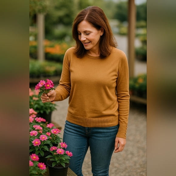 NWT Zenana Coffee Tan Crew Neck Sweater With Button Detail On Sleeve Relaxed Fit - Picture 1 of 5